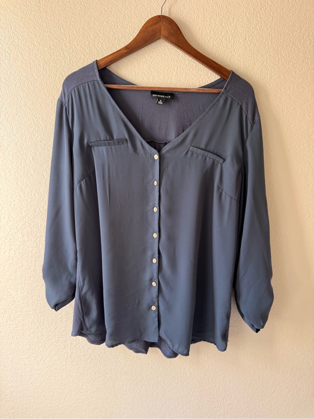 Foxcroft Slate Blue V-Neck Button-Down Blouse